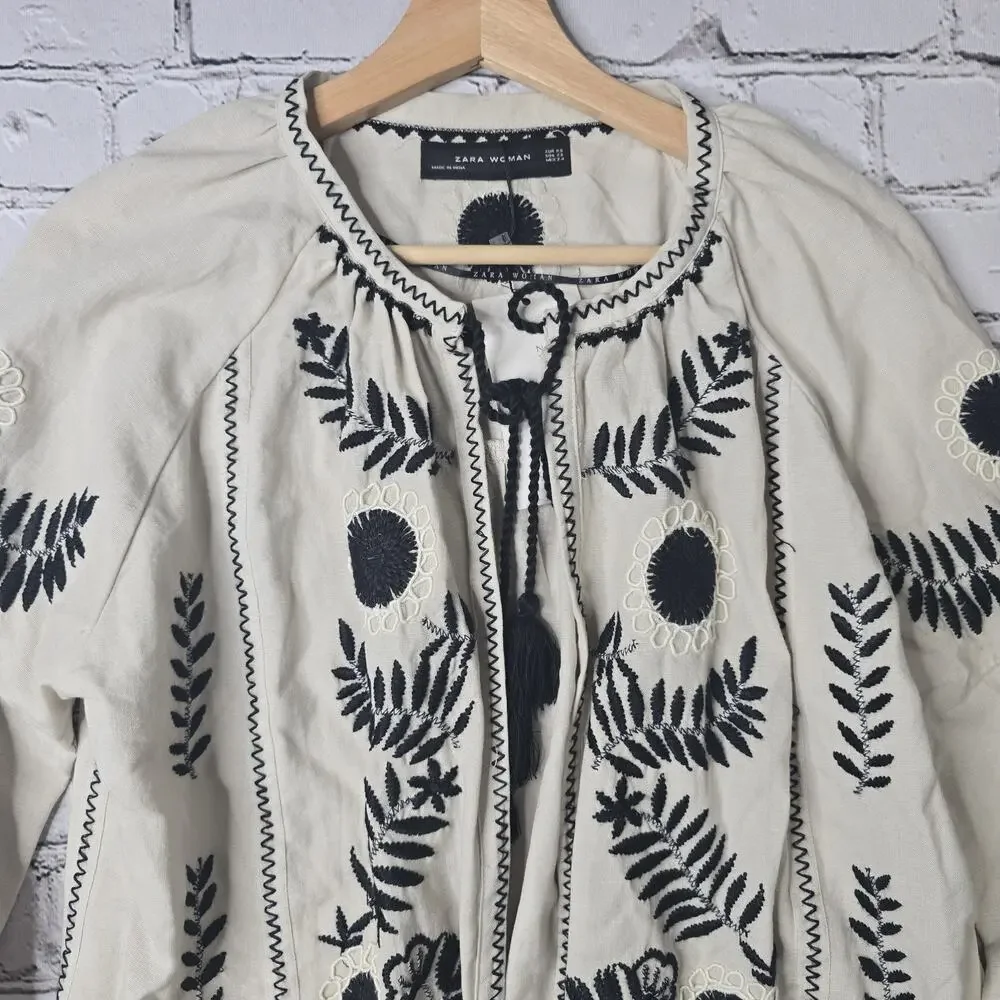 Zara Woman Cotton Linen Beige Black Stitch Embroidered Tassel Blouse New Size XS - Picture 3 of 12